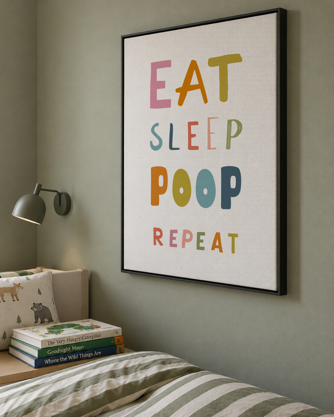 Eat sleep poop repeat quote - Framed canvas in an interior