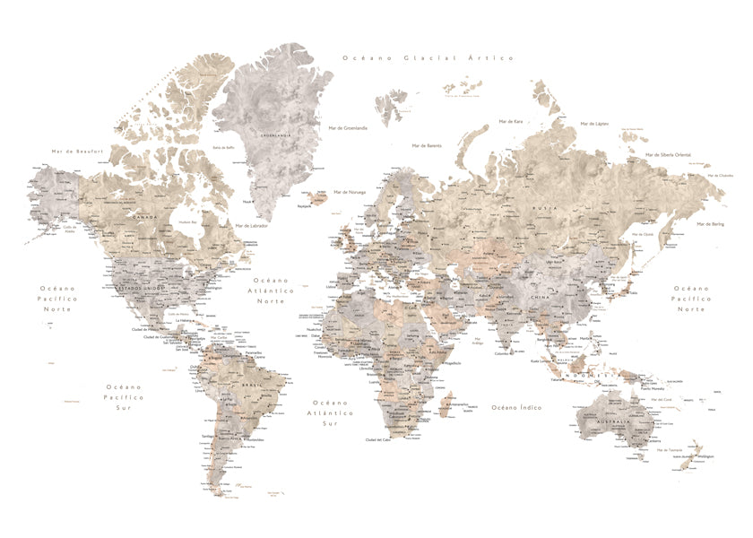 Detailed taupe watercolor world map with labels in Spanish, Abey