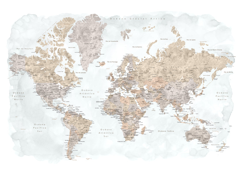 Detailed watercolor world map with labels in Spanish, Calista