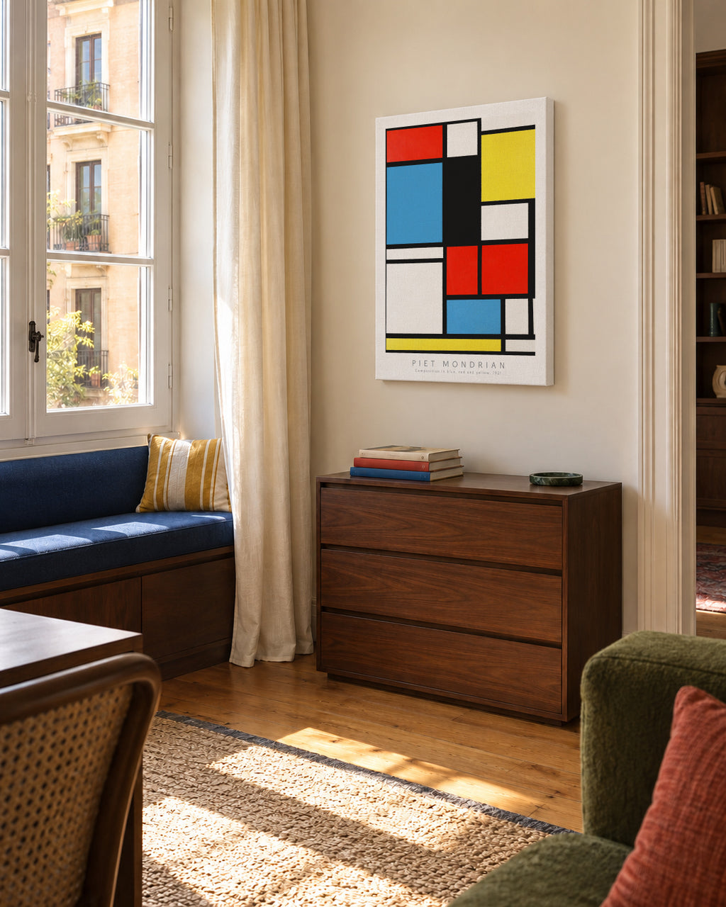 Piet Mondrian Dune Composition in blue, red and yellow, 1921 - Unframed canvas in an interior