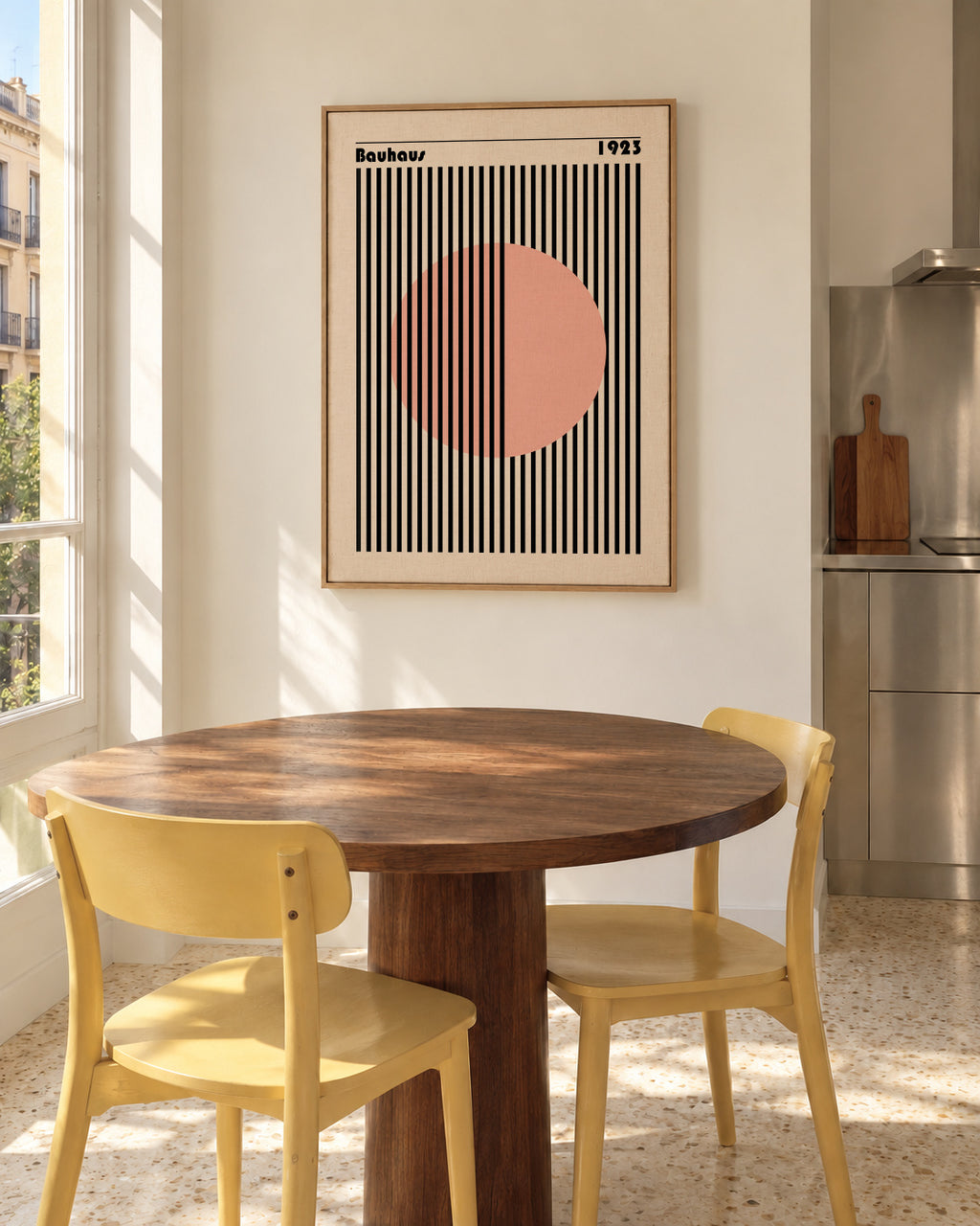 Bauhaus Pink Circle - Framed canvas in an interior