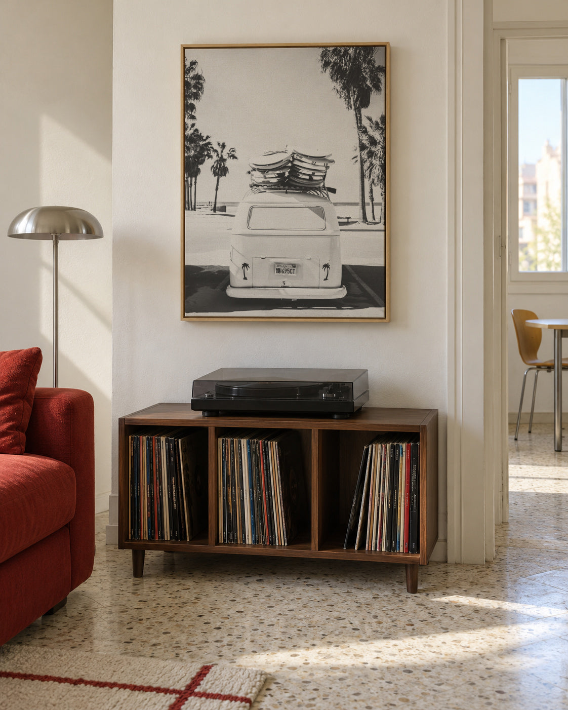 Beach Vintage Van Black & White - Framed canvas in an interior