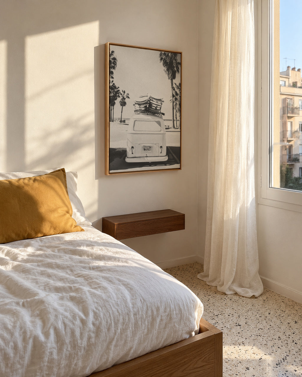 Beach Vintage Van Black & White - Framed canvas in an interior