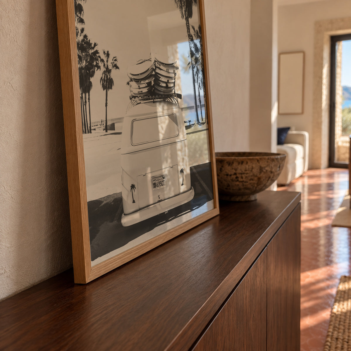 Beach Vintage Van Black & White - Framed poster in an interior