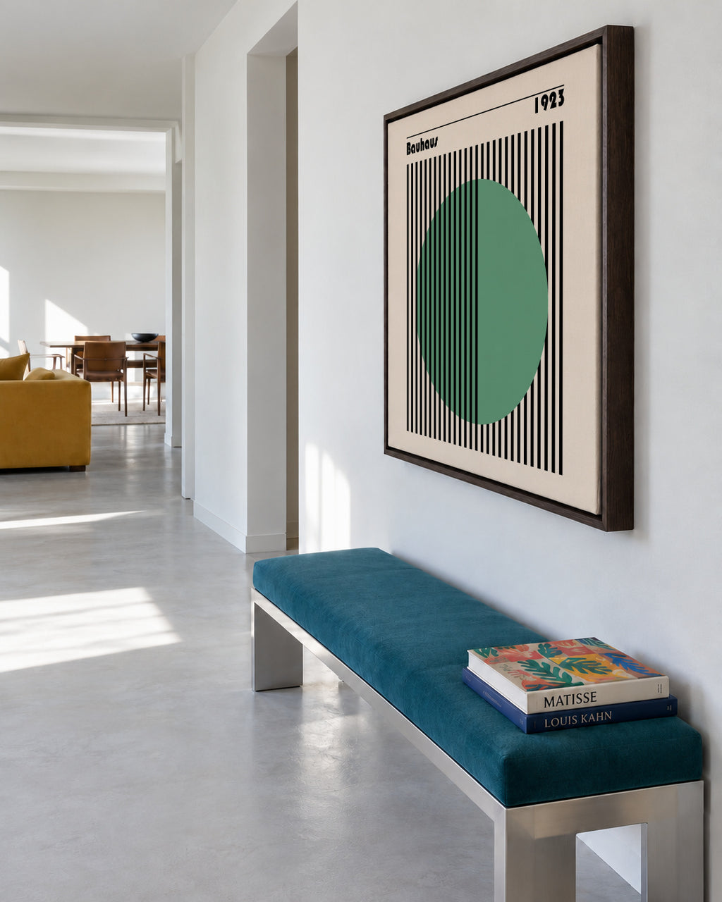 Bauhaus Green Circle II - Framed canvas in an interior