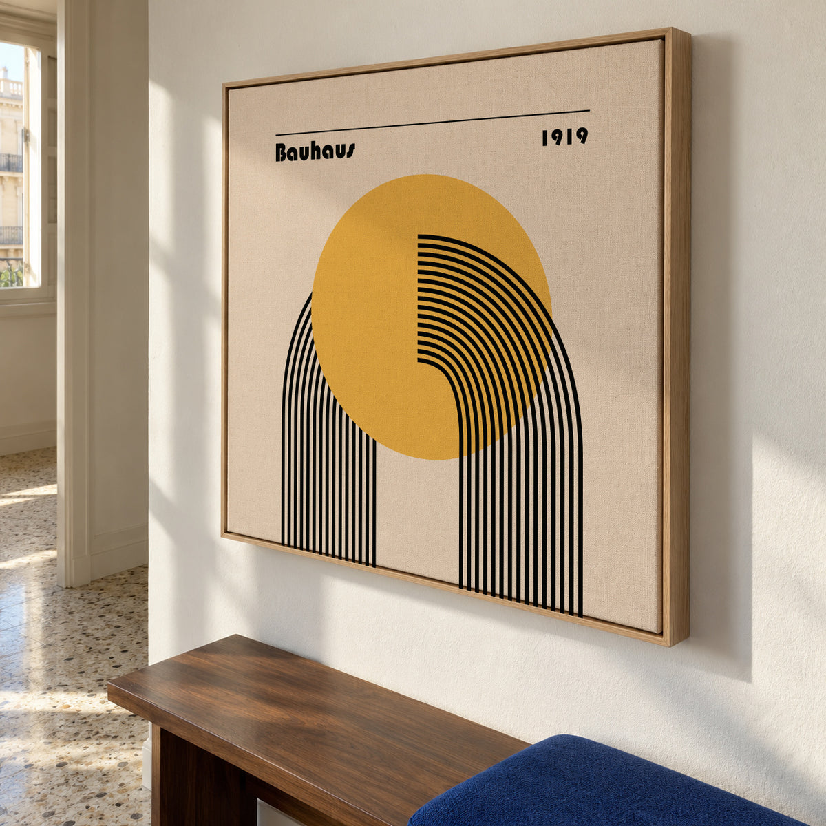 Bauhaus Venus yellow circle II - Framed canvas in an interior