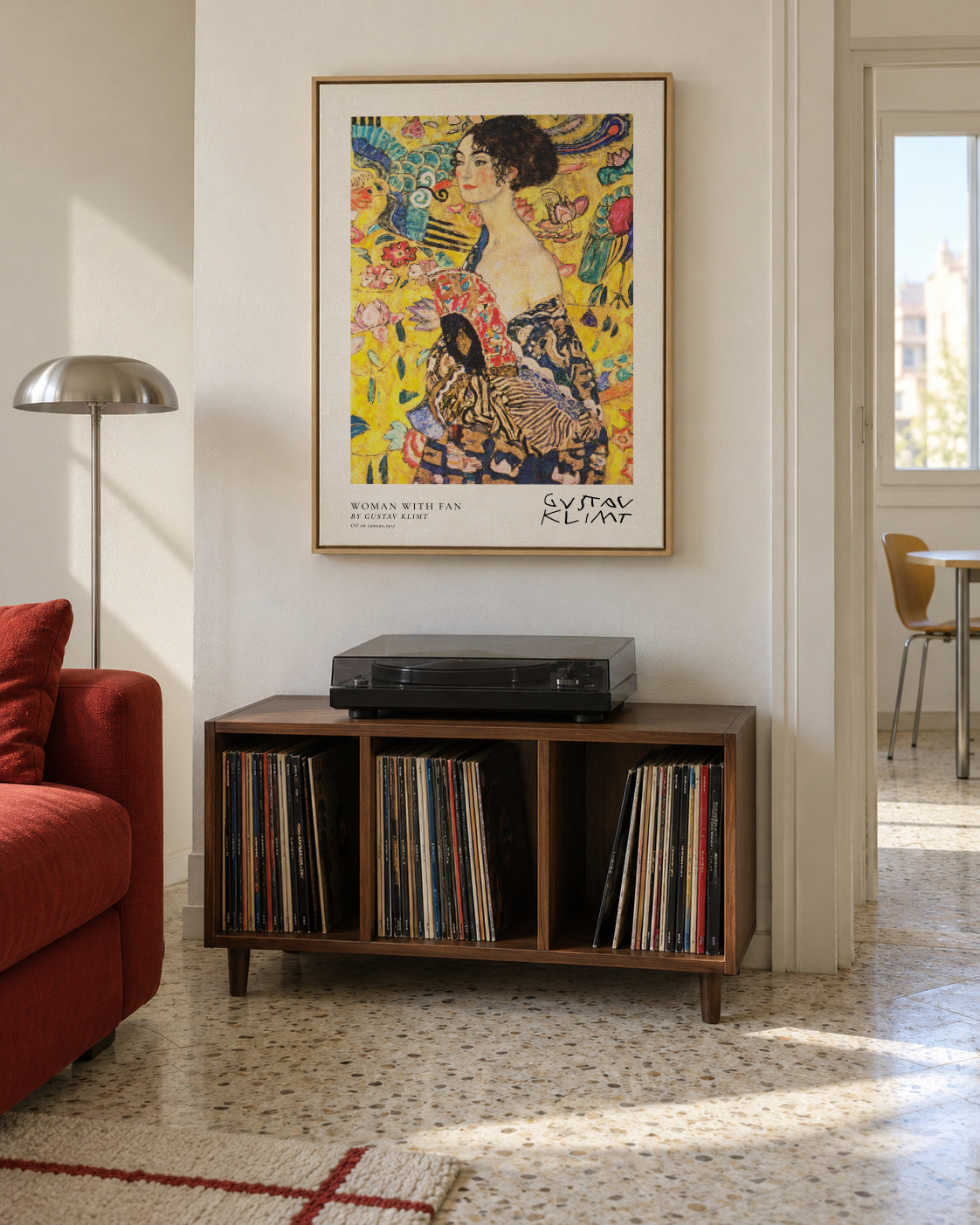 Woman with Fan by Gustav Klimt - Framed canvas in an interior