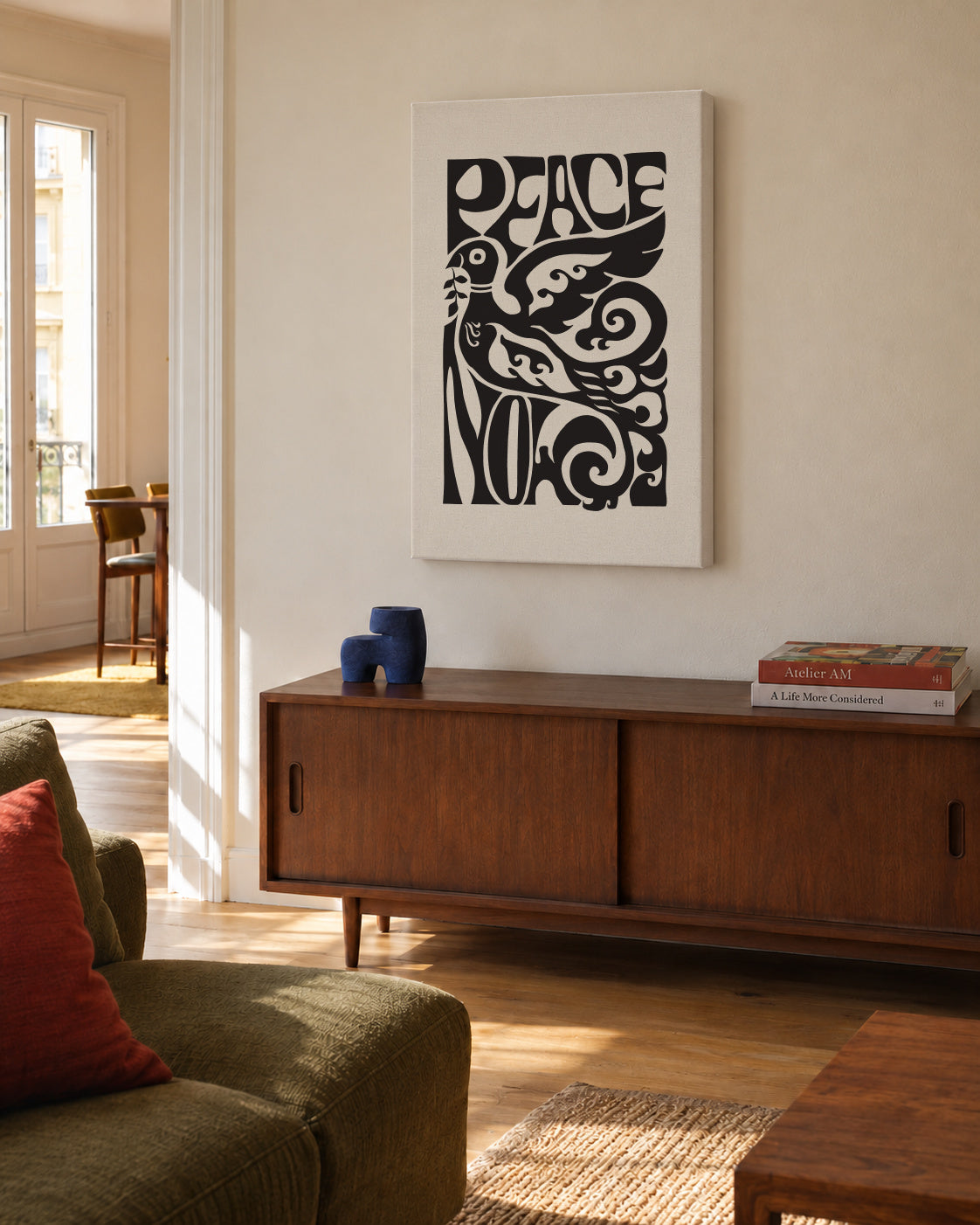 Peace Now poster, 1970 - Unframed canvas in an interior