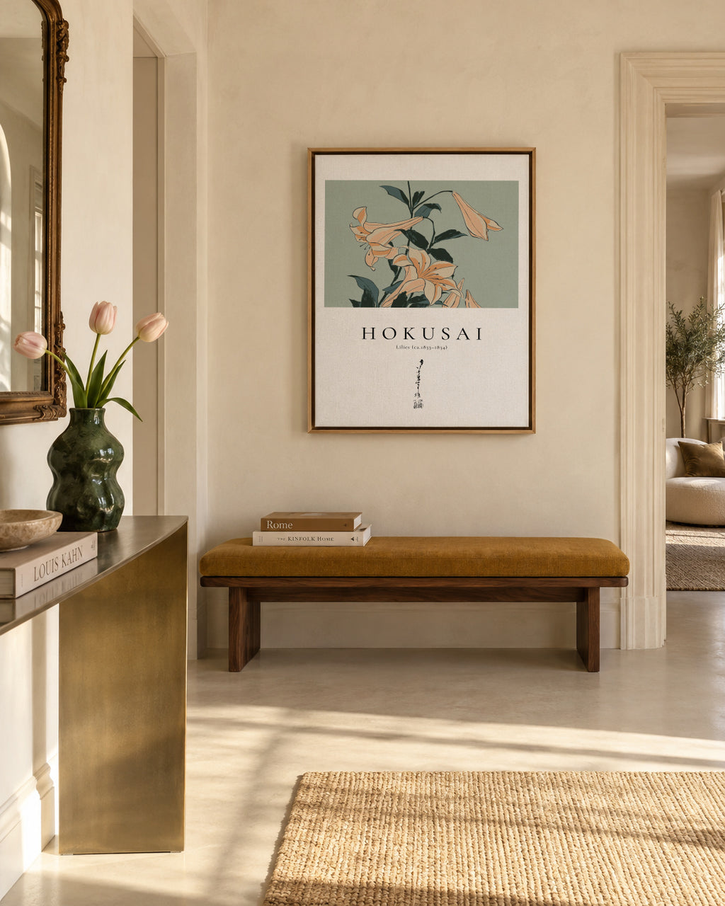 lilies by Katsushika Hokusai - Framed canvas in an interior