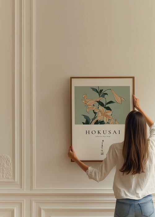 lilies by Katsushika Hokusai - Framed poster in an interior
