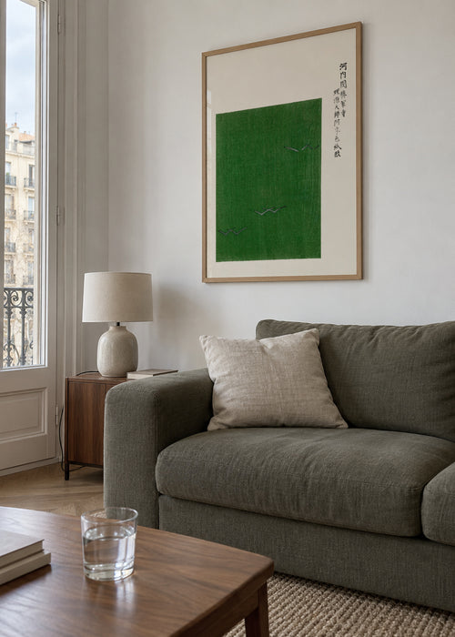 Green Birds Woodblock print from Yatsuo no tsubaki by Taguchi Tomoki - Framed poster in an interior