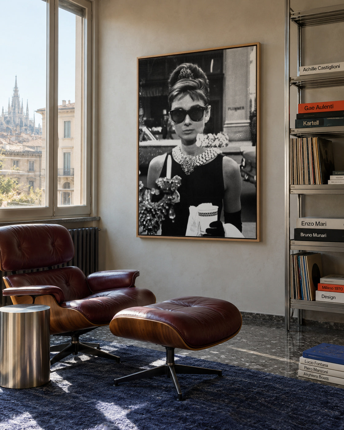 Audrey Hepburn in Breakfast at Tiffany vintage photograph. - Framed canvas in an interior