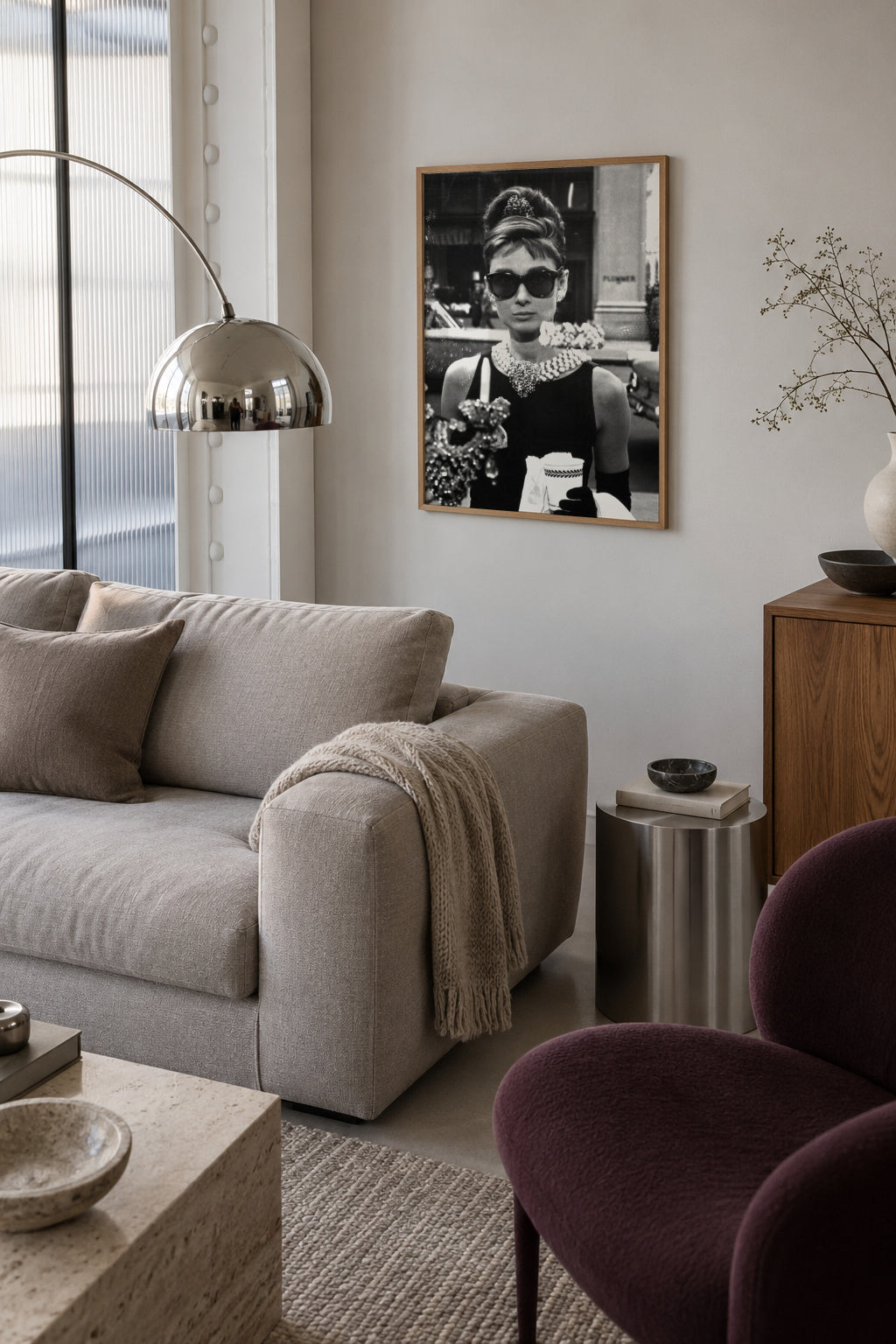 Audrey Hepburn in Breakfast at Tiffany vintage photograph. - Framed poster in an interior