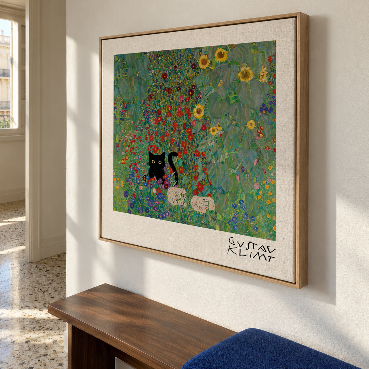Gustav Klimt Garden Cat Print - Square - Framed canvas in an interior