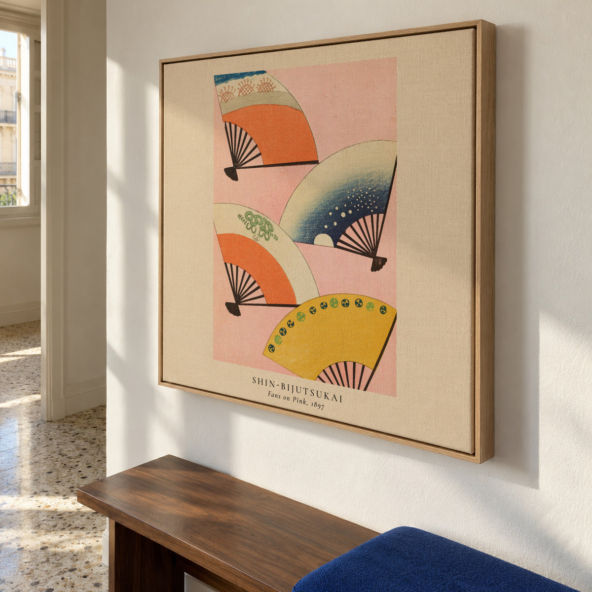Shin-Bijutsukai - Fans on pink - Square - Framed canvas in an interior