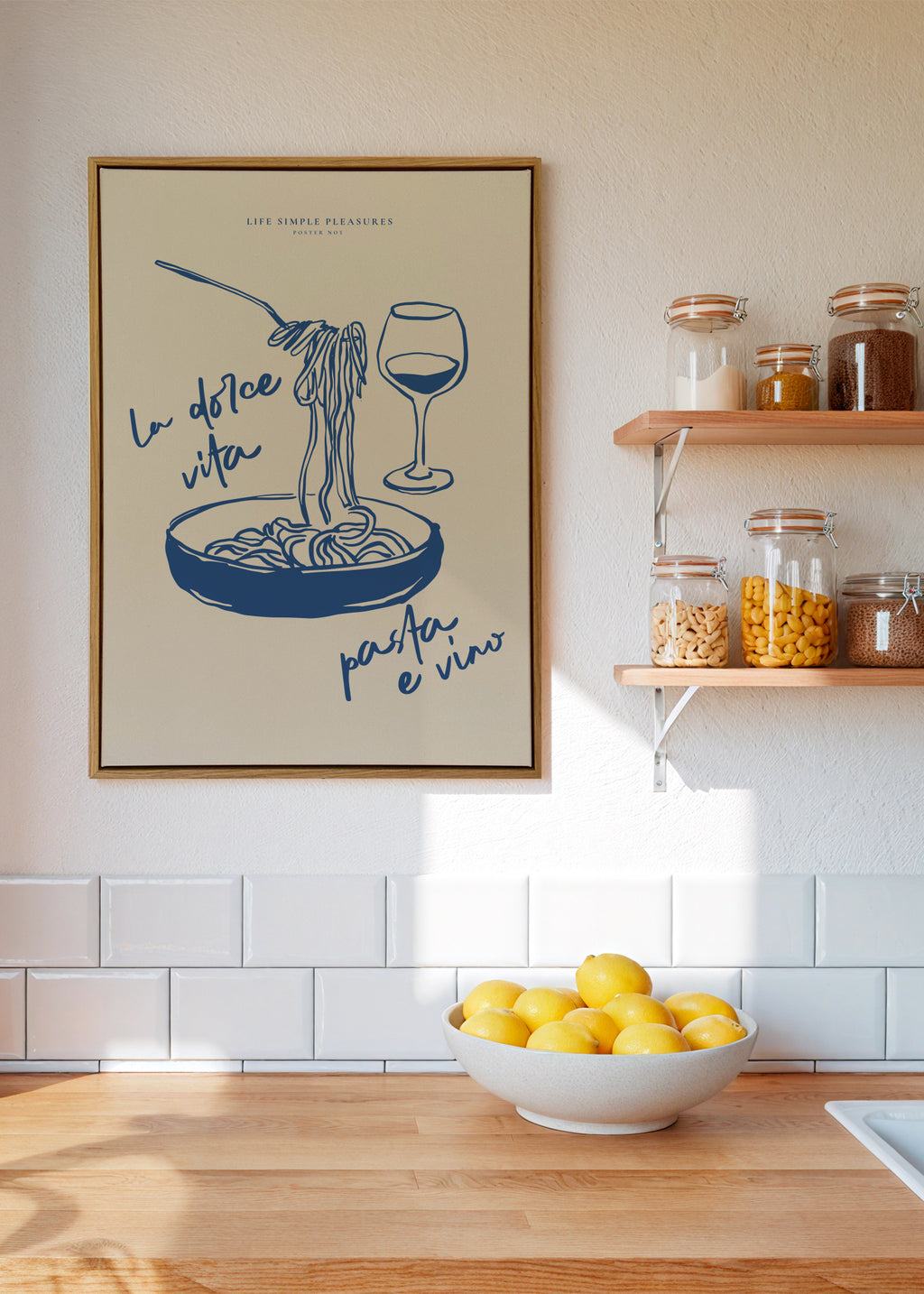 Life Simple simple pleasures - La Dolce Vita, Pasta e vino - Framed canvas in an interior