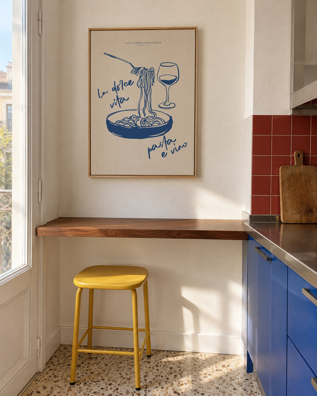 Life Simple simple pleasures - La Dolce Vita, Pasta e vino - Framed canvas in an interior