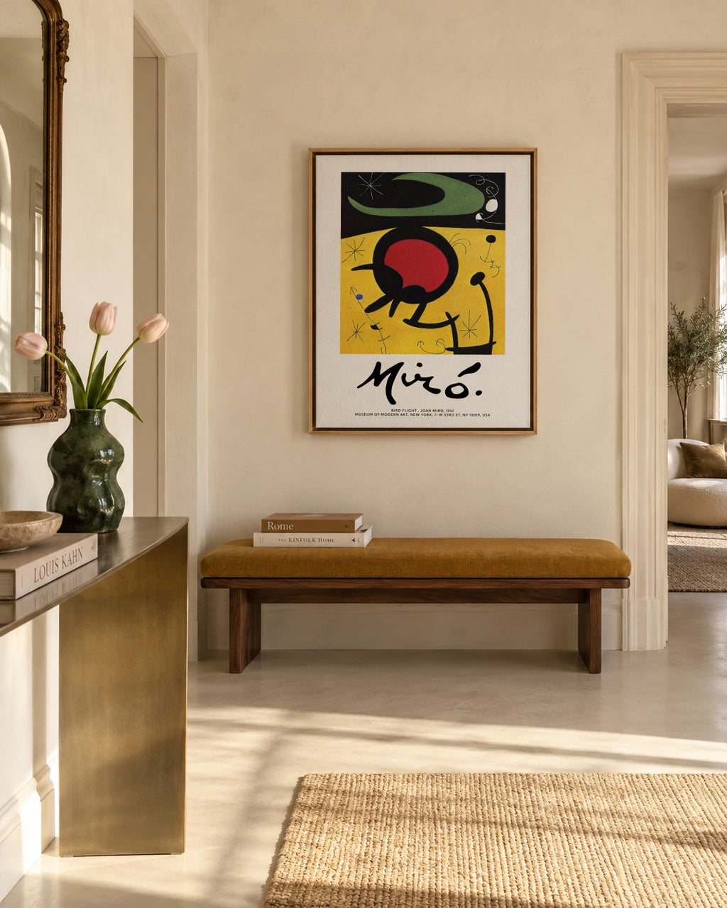 Joan Miro, Bird Flight - Framed canvas in an interior