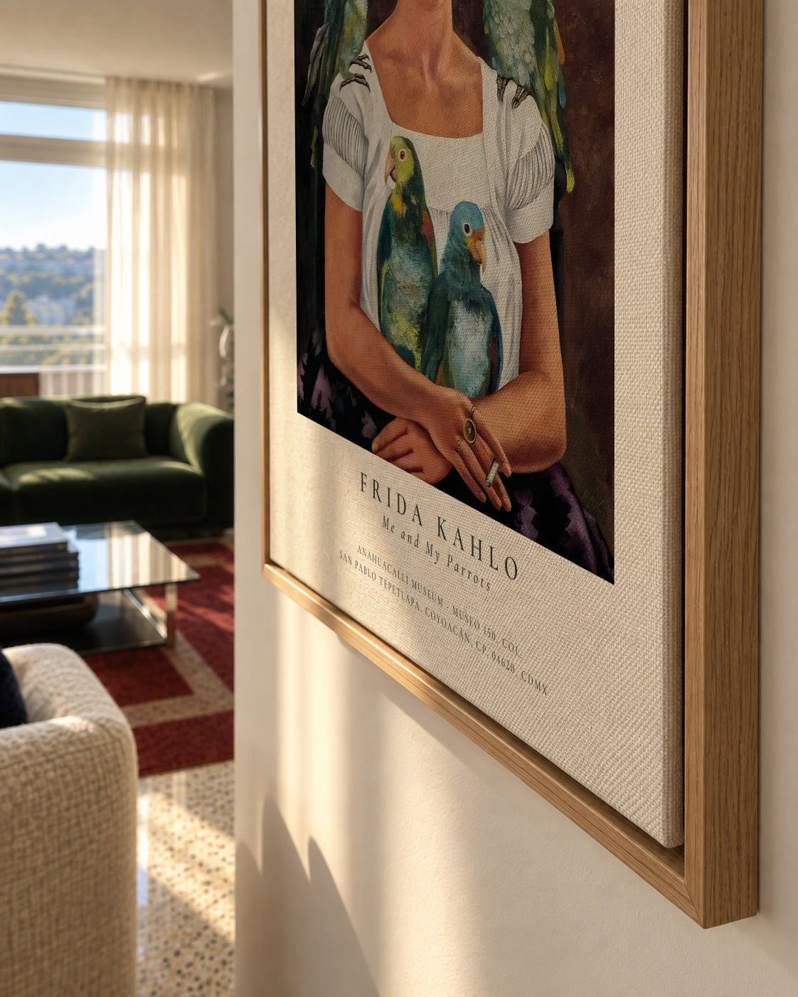 Frida Kahlo, Me and My Parrots - Framed canvas detail