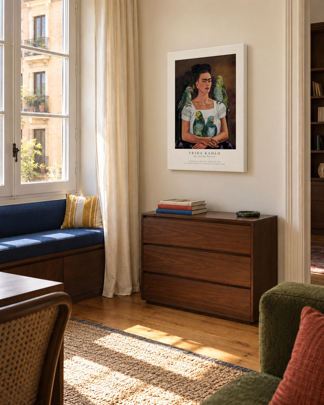 Frida Kahlo, Me and My Parrots - Unframed canvas in an interior