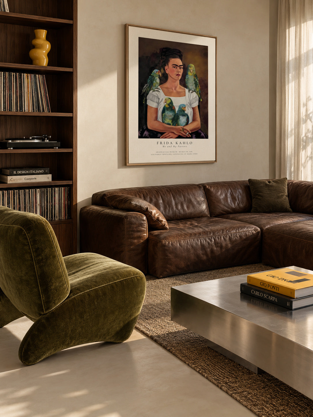 Frida Kahlo, Me and My Parrots - Framed canvas in an interior