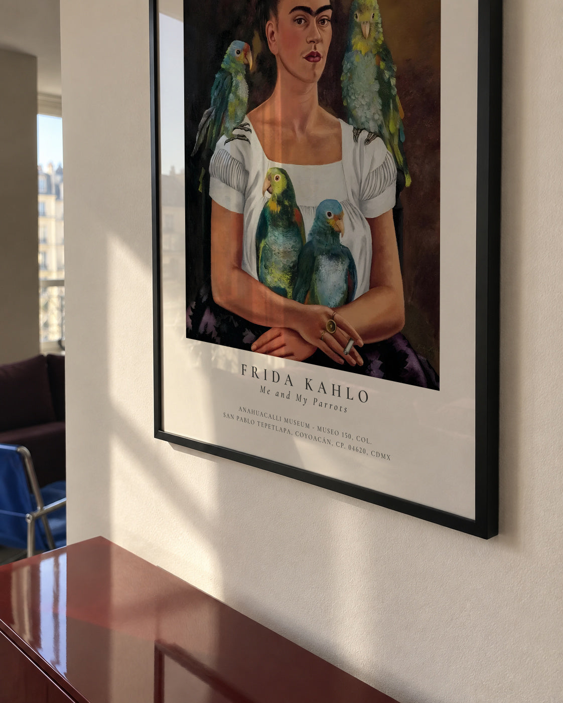Frida Kahlo, Me and My Parrots - Framed poster in an interior
