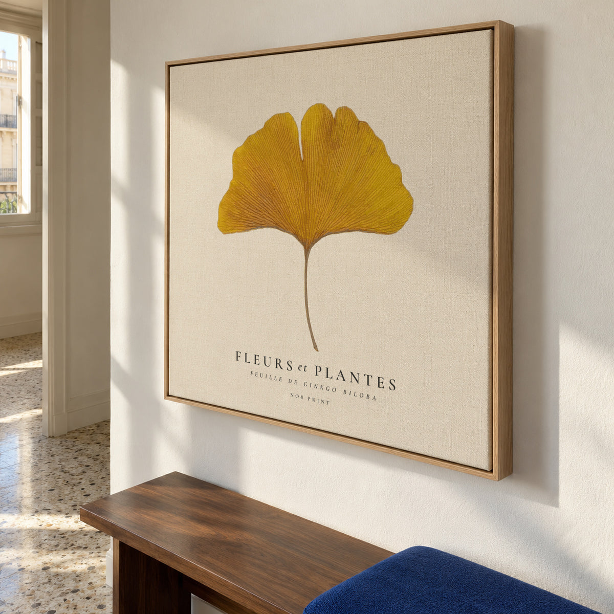 Botanical, Fleurs et plantes -Ginkgo biloba leaf - SQUARE - Framed canvas in an interior