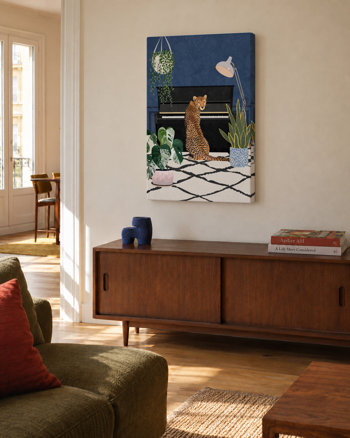 Cheetah plays the piano - Unframed canvas in an interior