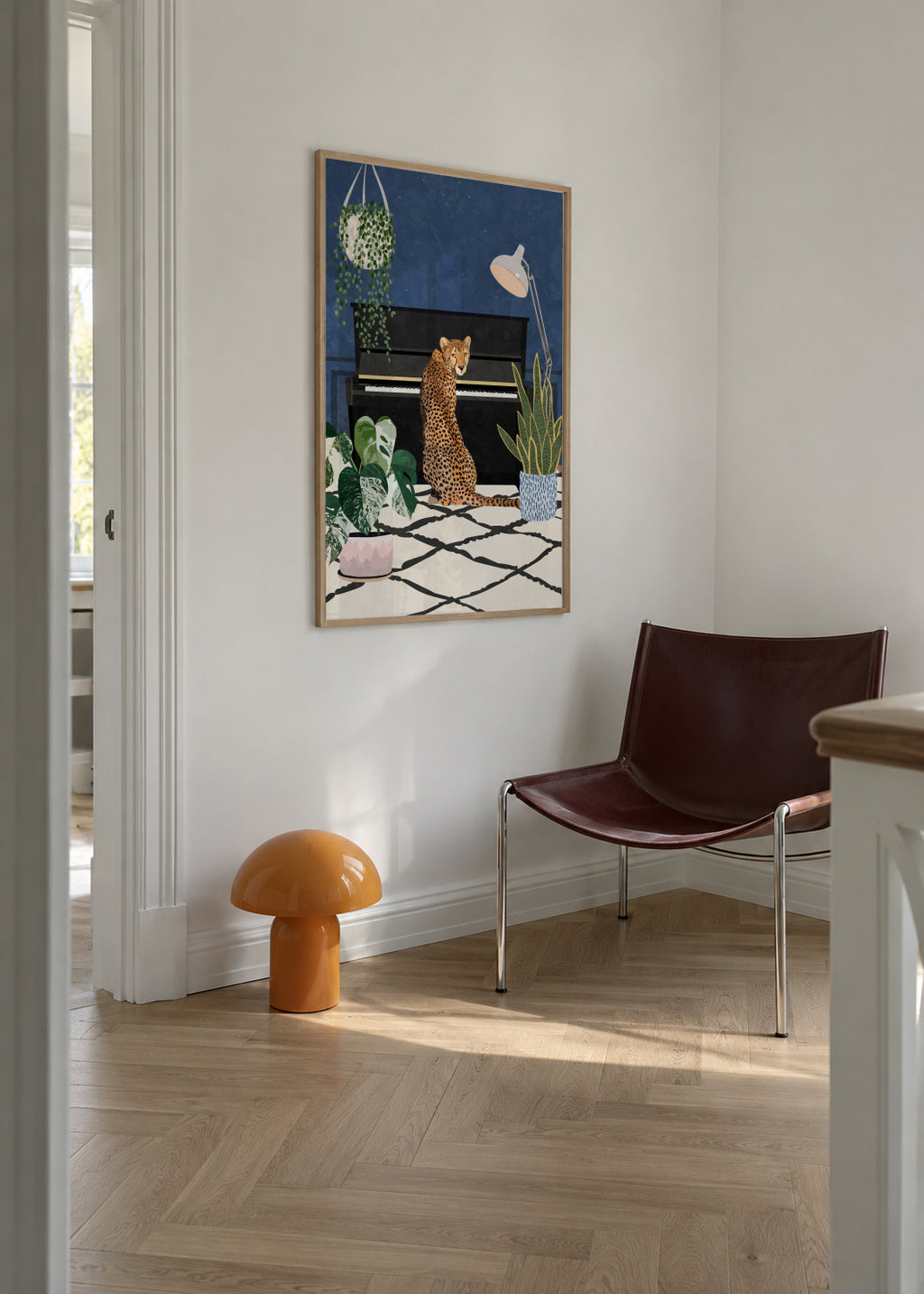 Cheetah plays the piano - Framed poster in an interior