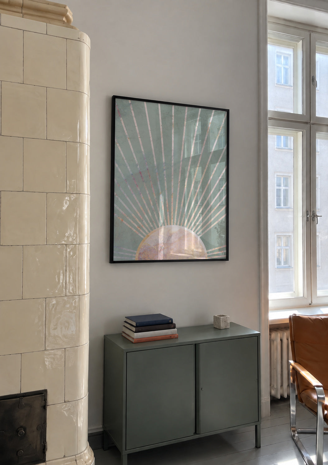 Sage green Boho Sunrise 1 - Framed poster in an interior