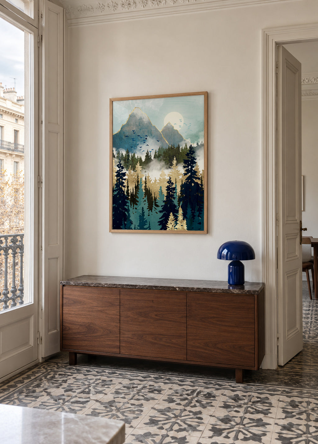 Misty Pines - Framed poster in an interior