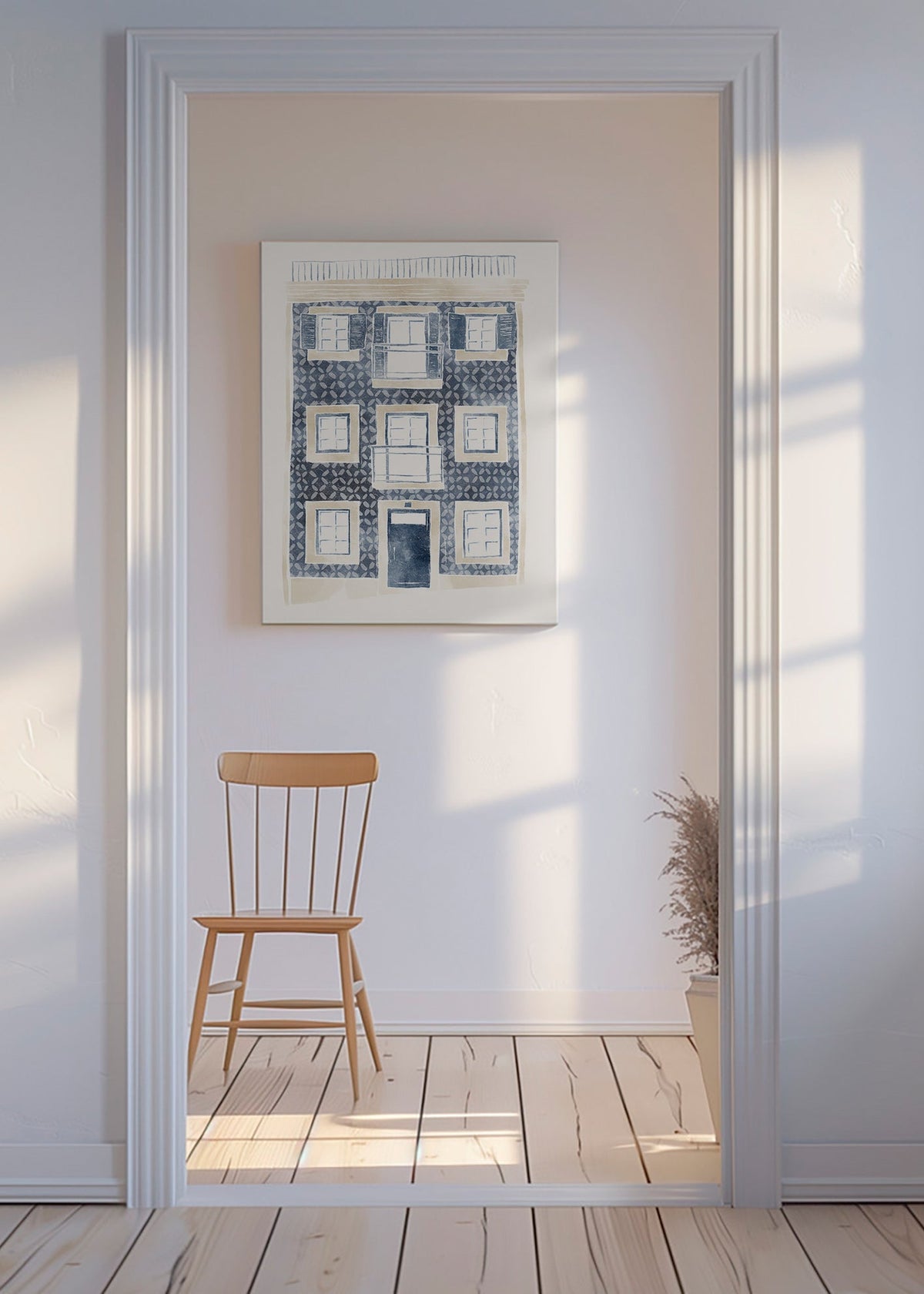 Ilustración de fachada con azulejos y balcones – Canvas