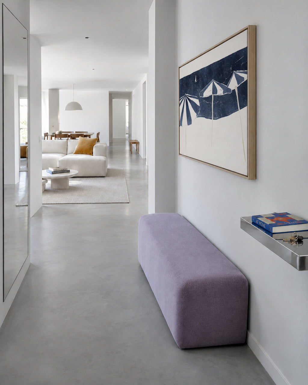 Blue Umbrellas and Sailboat - Framed canvas in an interior