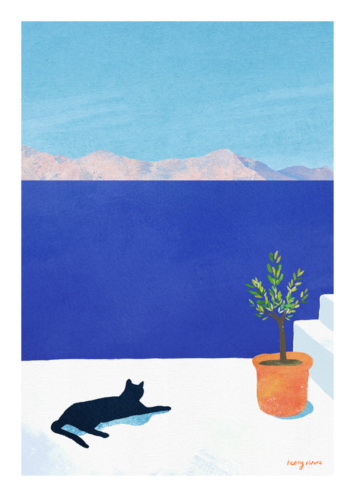 Black cat - siesta on the roof - Unframed art print