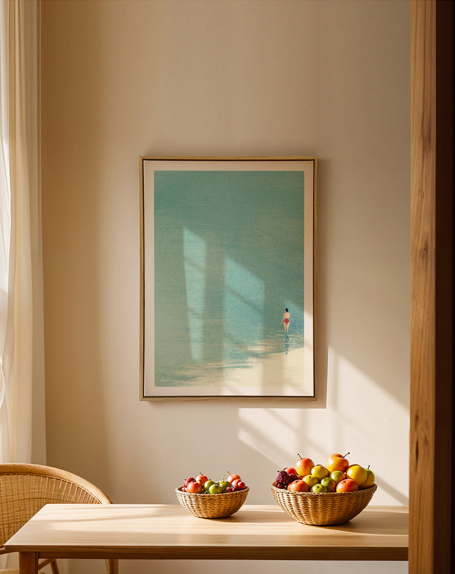 Last swim of the day - Framed canvas in an interior