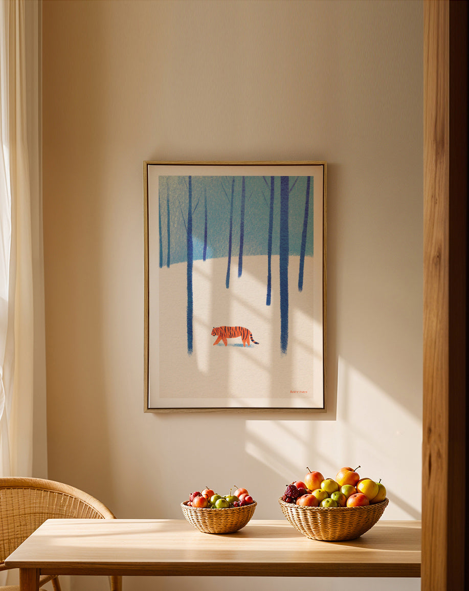 Tiger in the snow - Framed canvas in an interior