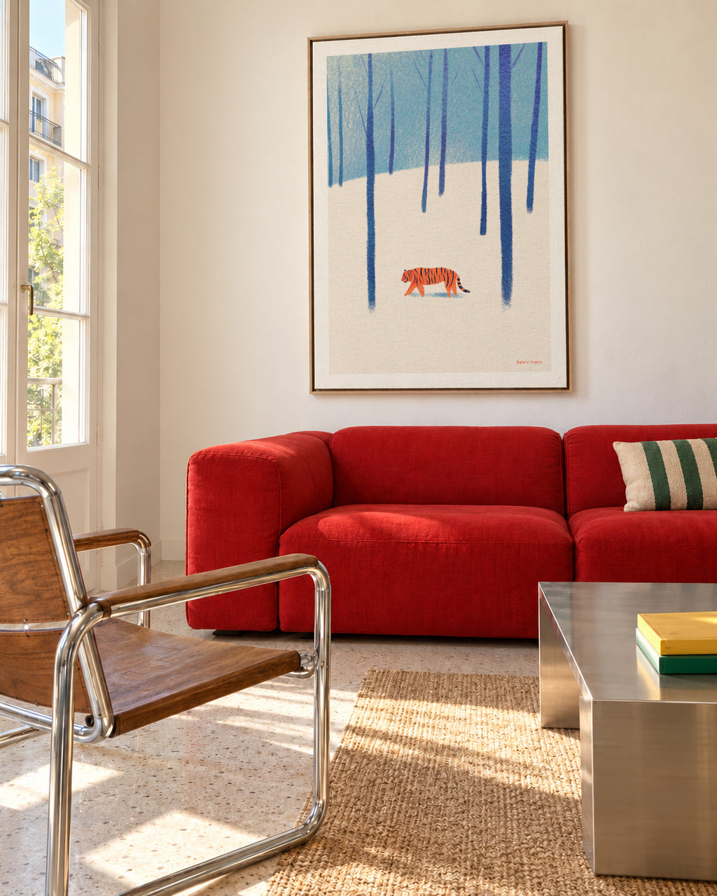 Tiger in the snow - Framed canvas in an interior