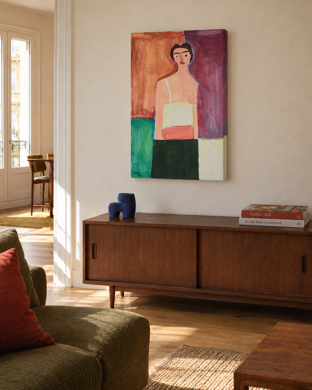 Bárbara, la mujer contenta - Jesús Llorente - Unframed canvas in an interior