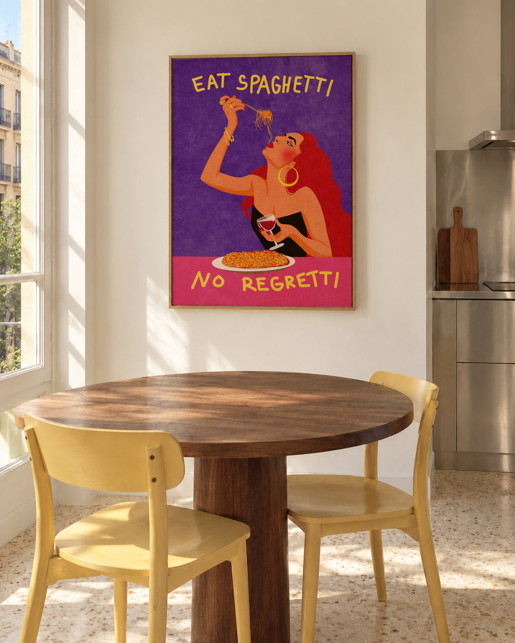 Eat spaghetti no regretti - Framed canvas in an interior
