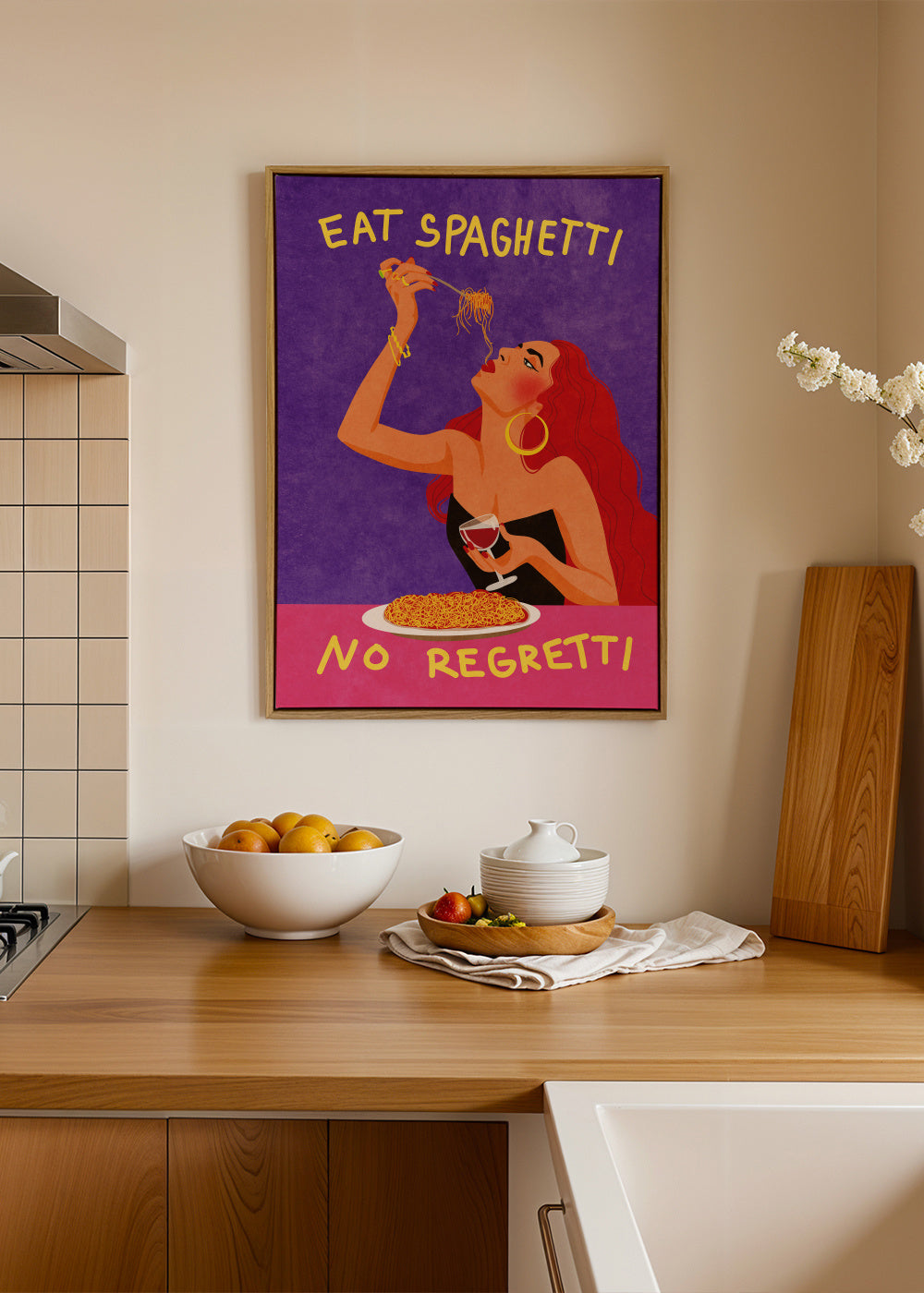Eat spaghetti no regretti - Framed canvas in an interior