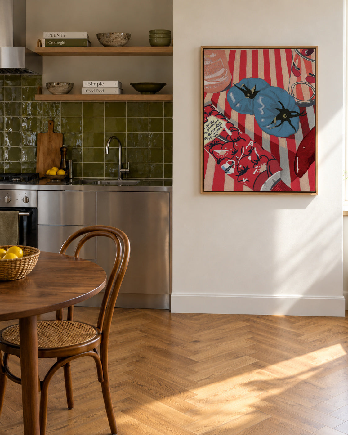 Blue Tomatoes - Framed canvas in an interior