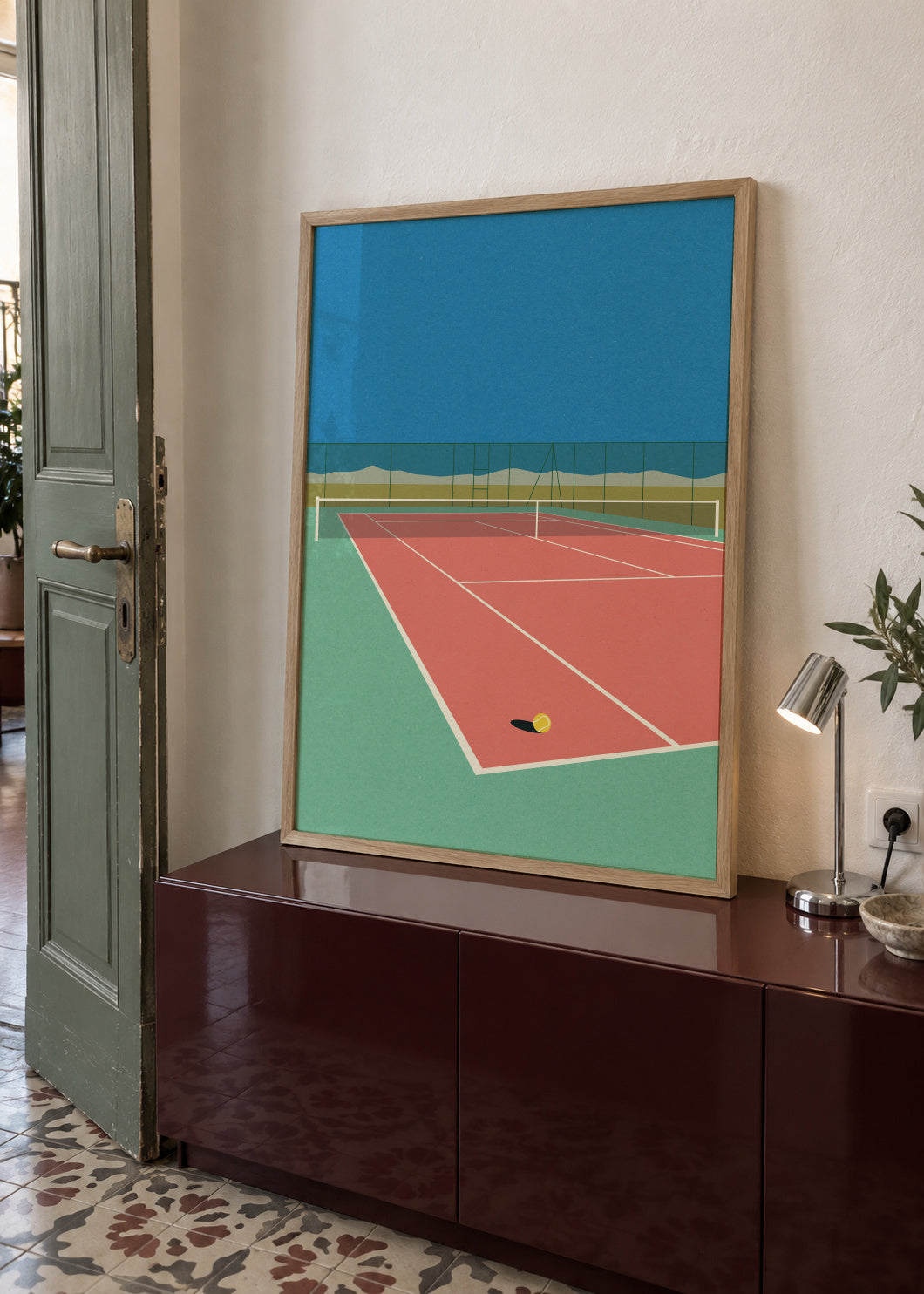 Tennis Court In the Desert - Framed poster in an interior