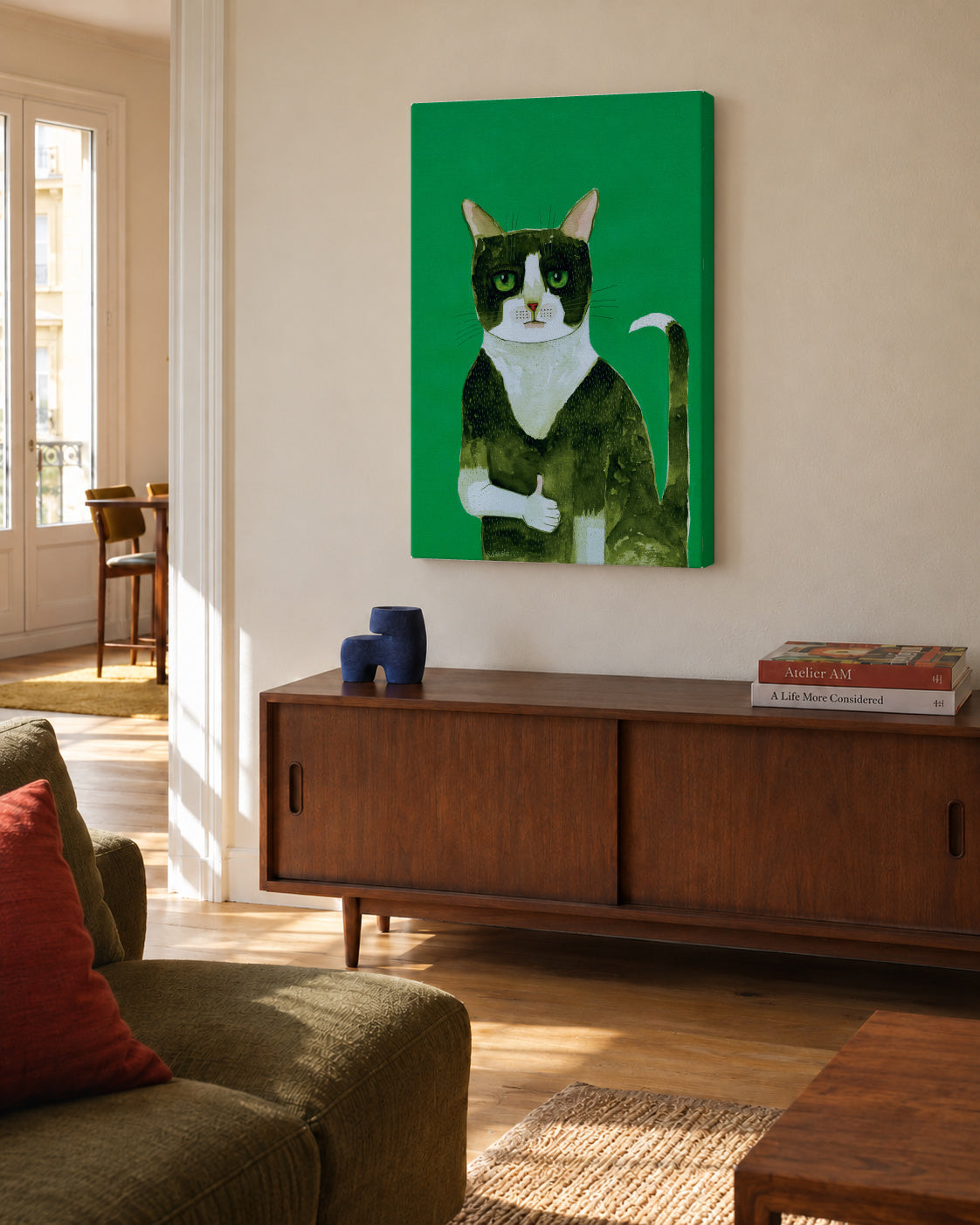 Tuxedo Cat Thumbs Up - Unframed canvas in an interior