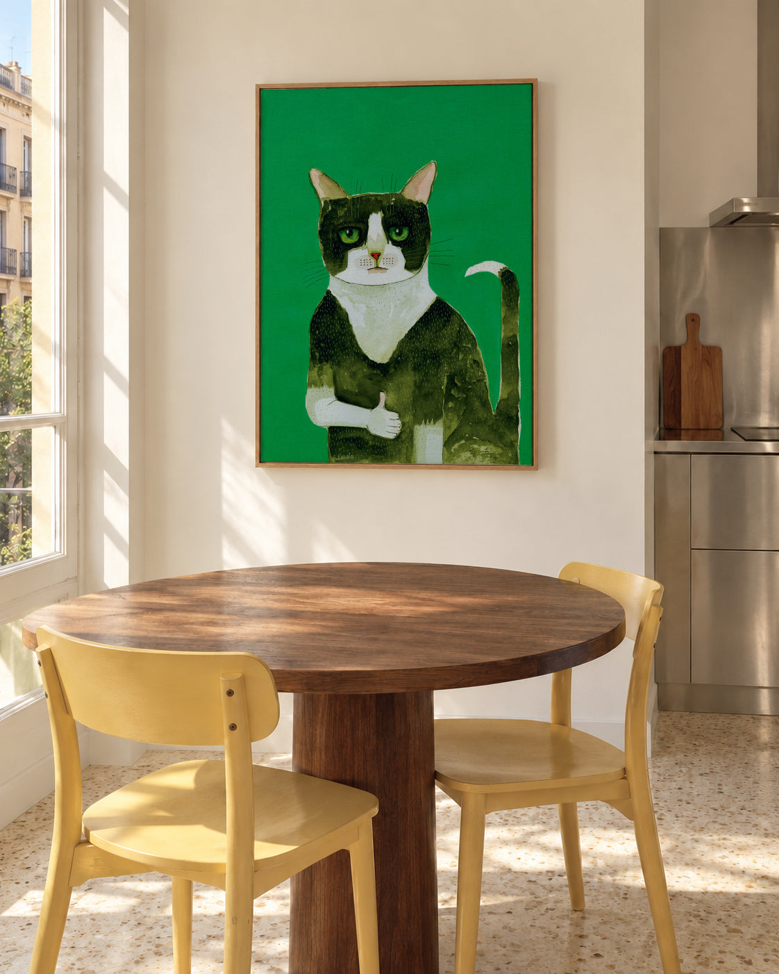 Tuxedo Cat Thumbs Up - Framed canvas in an interior