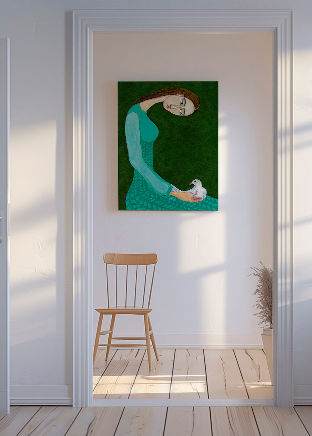 Lady sitting with white dove bird woman