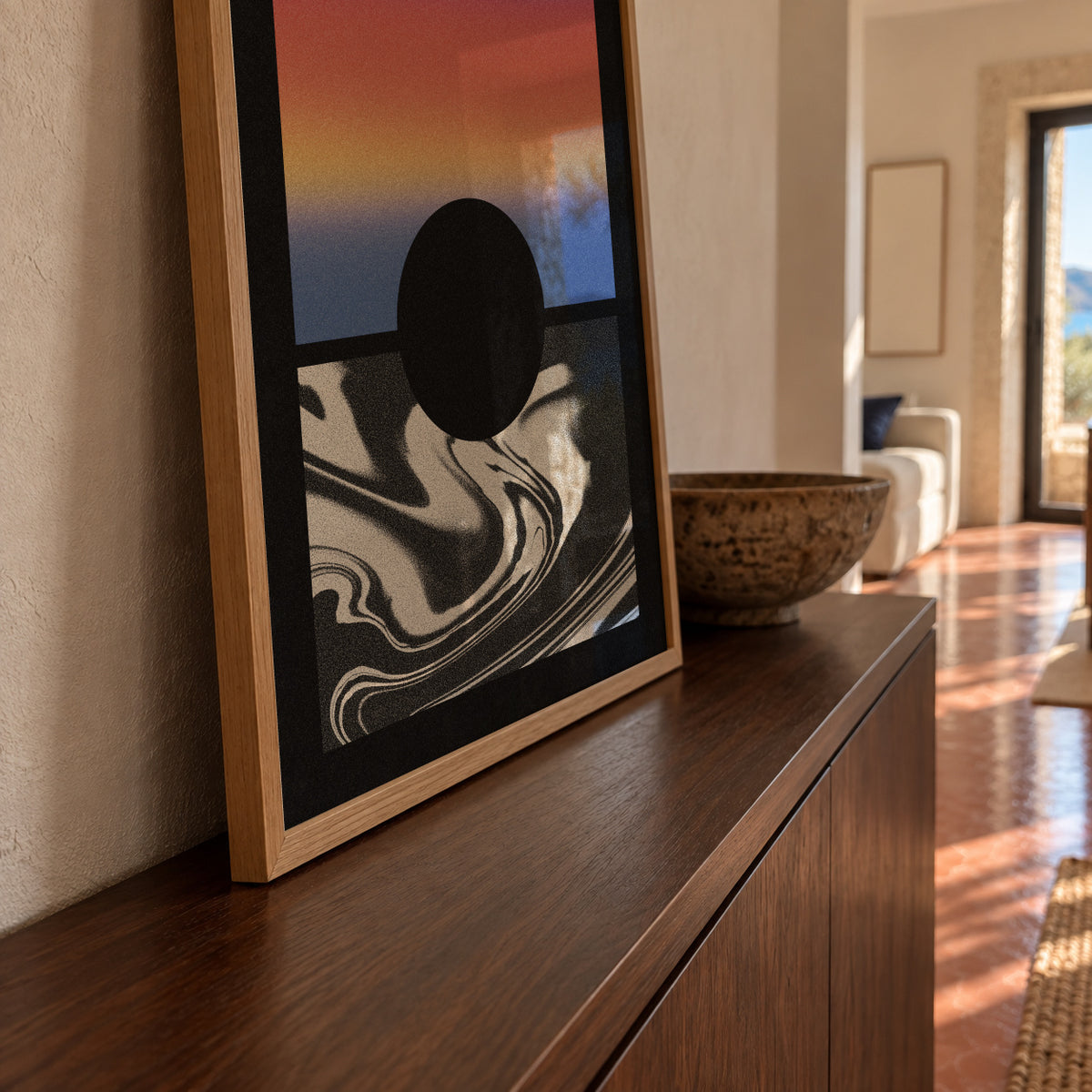 Black Worm Hole Gradient - Framed poster in an interior