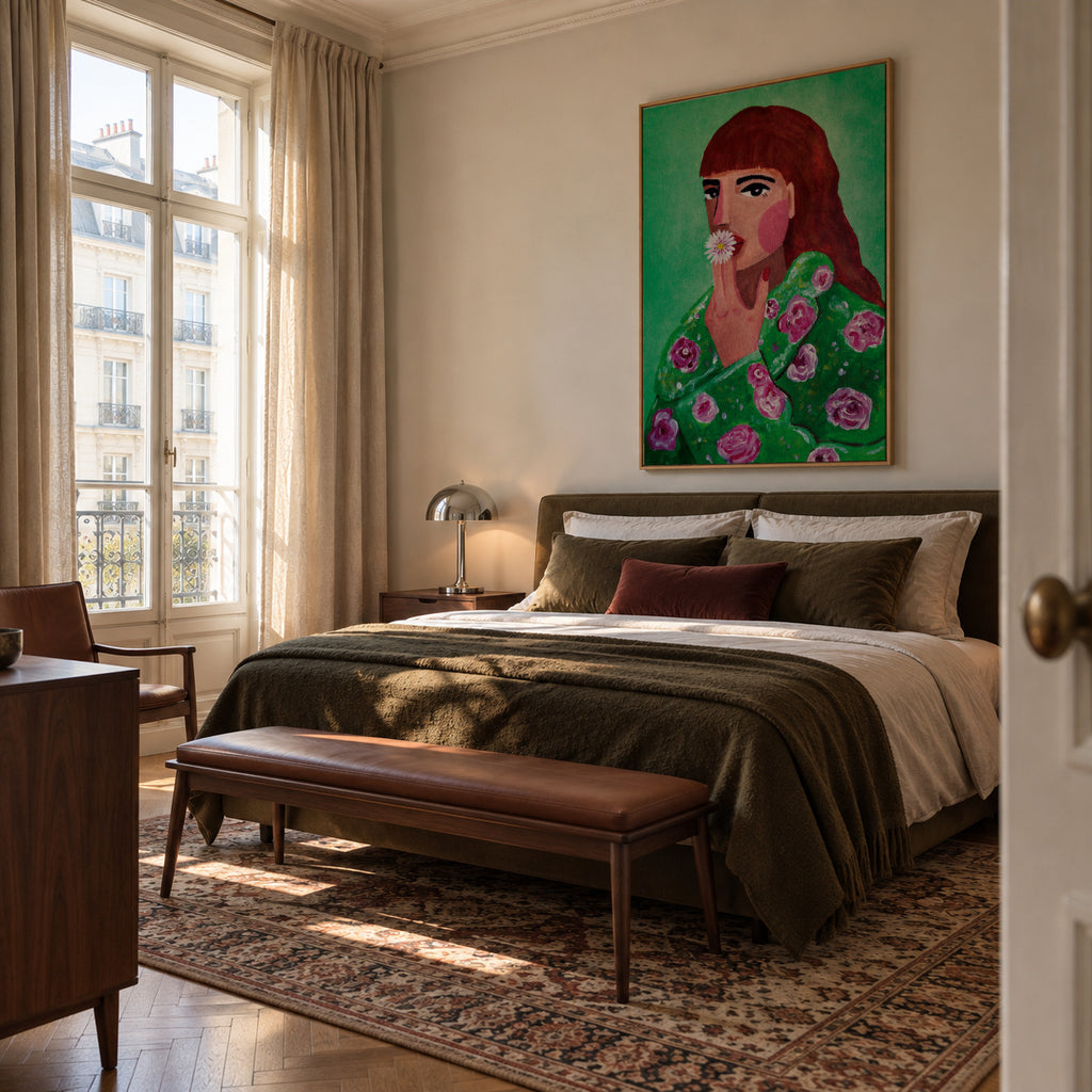 Woman Smoking a Flower - Framed canvas in an interior