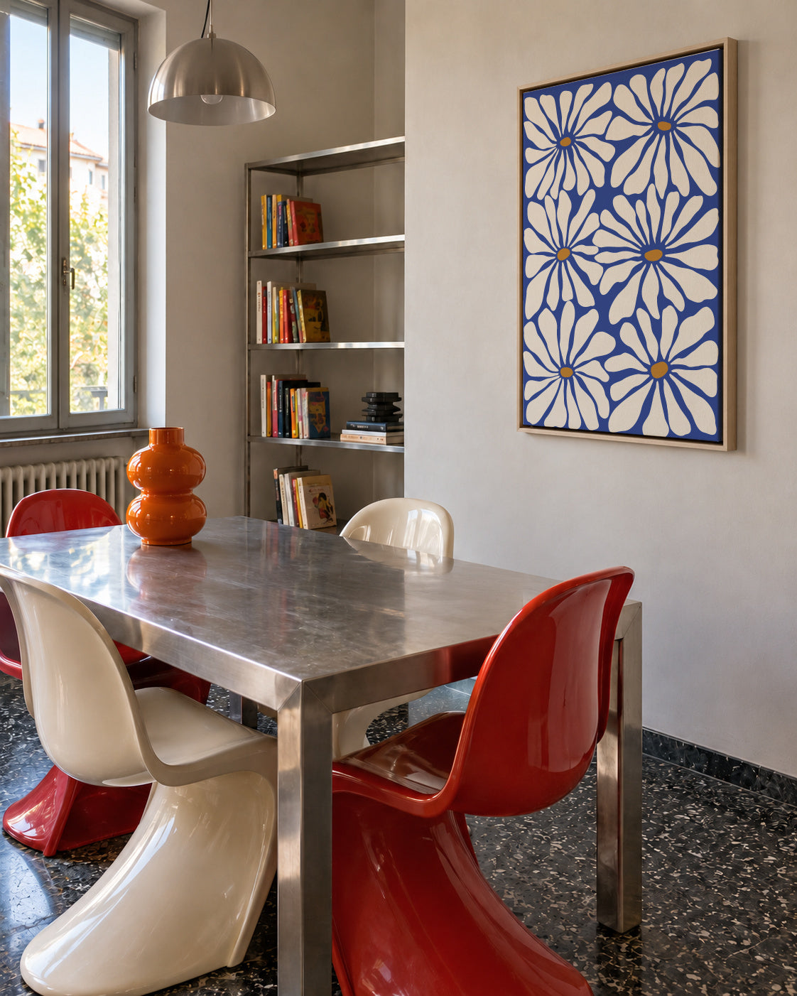 Sunny Floral Blue - Framed canvas in an interior
