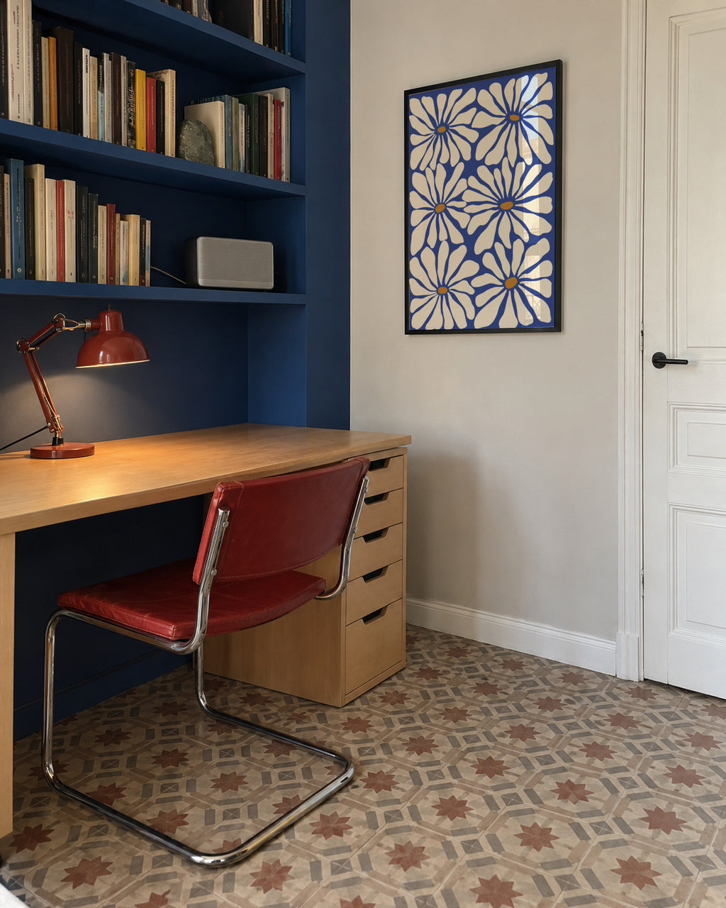 Sunny Floral Blue - Framed poster in an interior