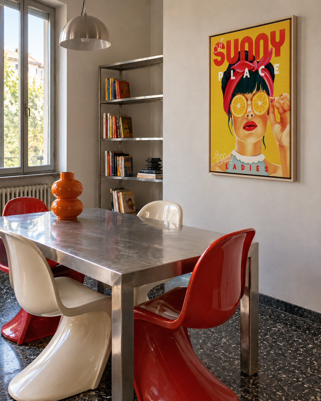A Sunny Place For Shady Ladies Orange Pinup Art - Framed canvas in an interior